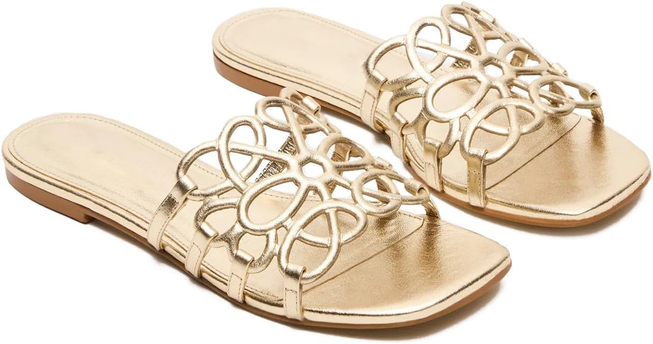 Women's Flat Sandals Square Open Toe Slip on Slides Shoes Comfortable Casual Summer Dressy Beach ... | Amazon (US)