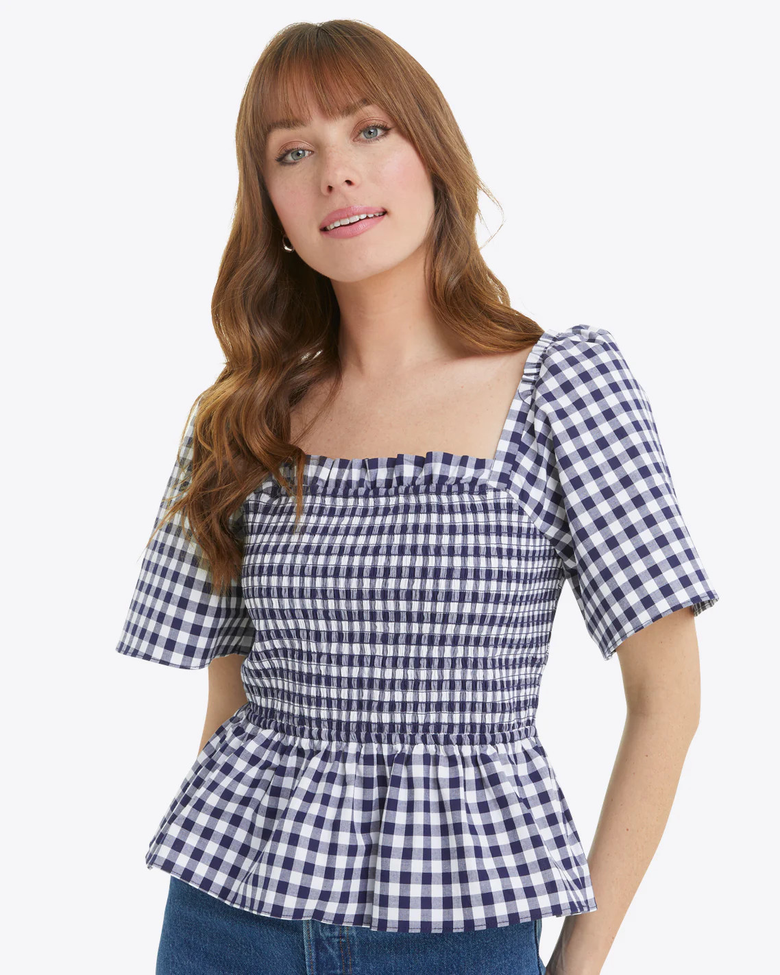 Deana Smocked Top in Navy Gingham | Draper James (US)