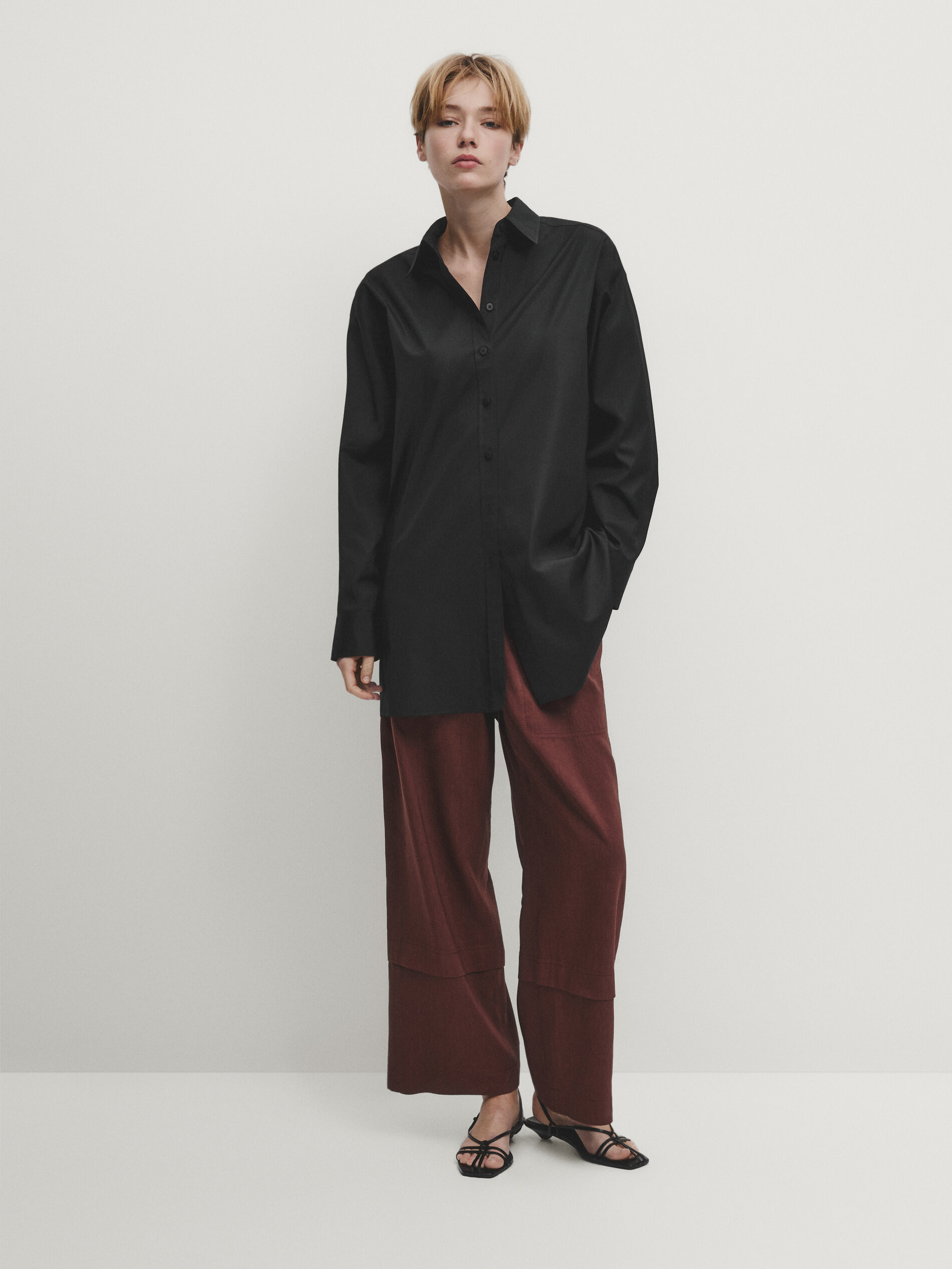 Black poplin oversize blouse | Massimo Dutti US