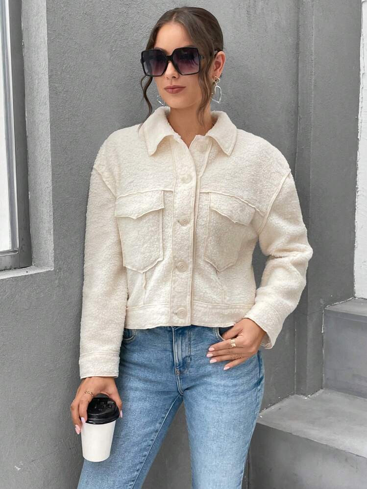 SHEIN Essnce Flap Pocket Drop Shoulder Teddy Jacket | SHEIN