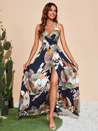 SHEIN Tropical Print Overlap Collar Backless Slit Thigh Cami Dress | SHEIN