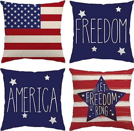 4th of July Decorations Pillow Covers 18x18 Independence Day Memorial Day Set of 4 American Flag ... | Amazon (US)