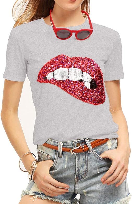 Women's Sequined Sparkely Glittery Lip Print T Shirt Cute Embroidery Teen Girls Tops | Amazon (US)