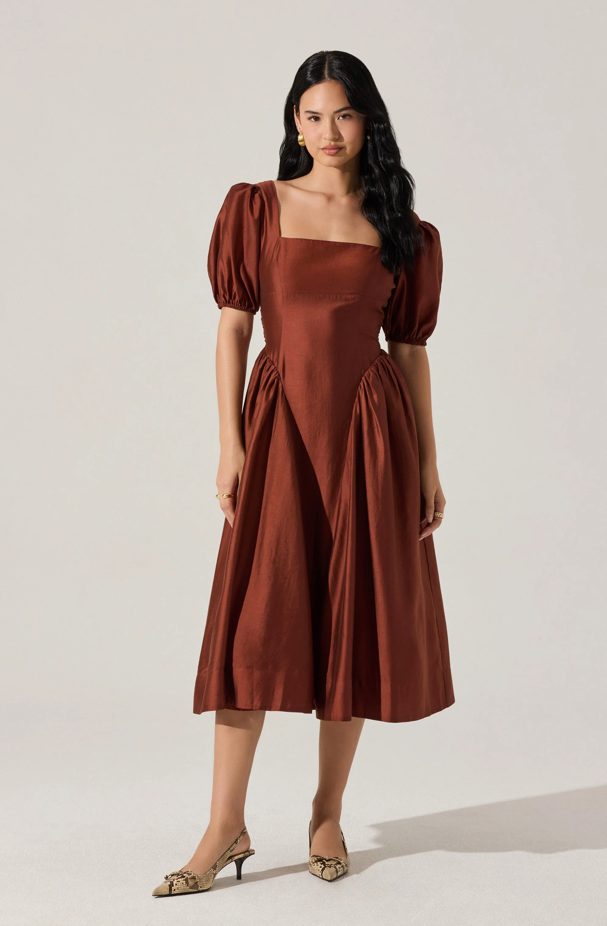 Keairra Puff Sleeve Midi Dress - Rust / XS | ASTR The Label (US)