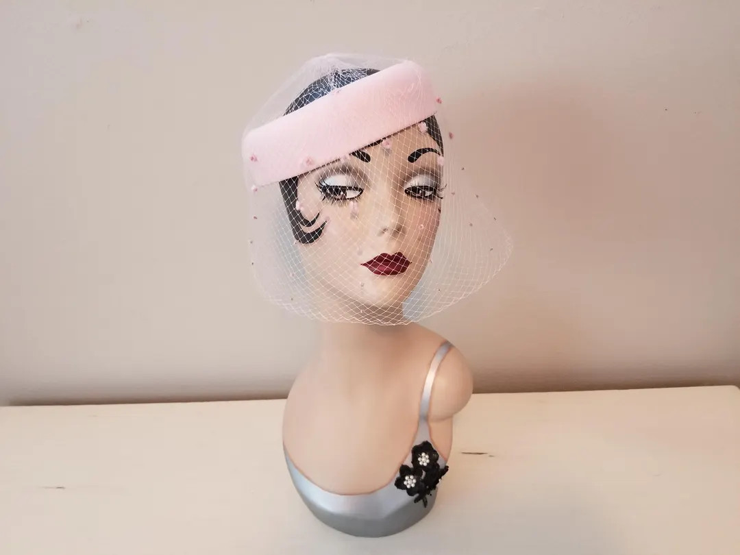 Vintage 1950's Pale Pink Open Pillbox Hat with Chenille Dot Blusher Veil | Etsy (US)