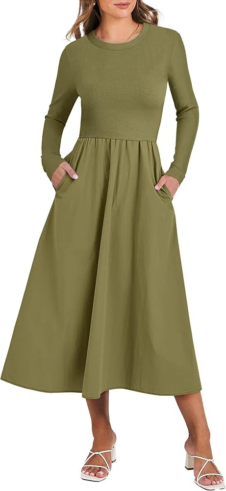 ANRABESS Women's Long Sleeve Midi Dress 2024 Fall Fashion Patchwork Ribbed Knit Tight Top Casual ... | Amazon (US)