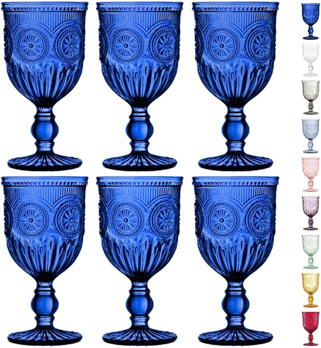Cobalt Wine Glasses Set of 6 Goblets - Handcrafted Vintage Glassware with Sunflower Motif, Dishwa... | Amazon (US)
