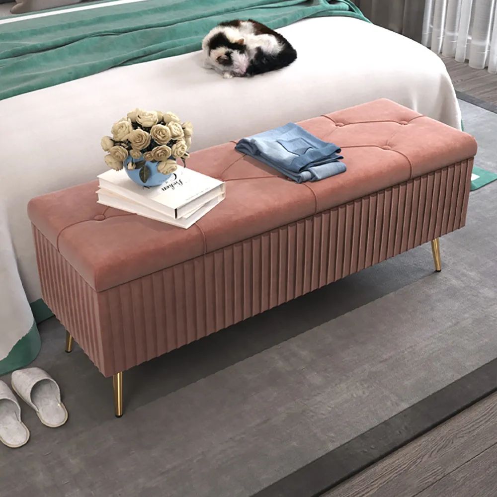Modern Velvet Storage Bench Flip Top in Pink with Gold Legs | Homary.com
