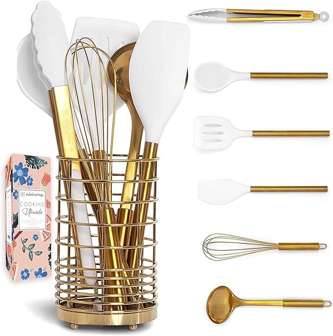 White Silicone and Gold Cooking Utensils Set with Gold Utensil Holder: 7PC Set Includes White Ute... | Amazon (US)