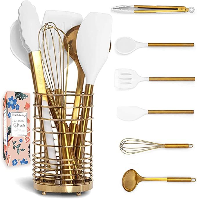 Gold Kitchen Utensils with Holder - White & Gold Cooking Utensils Set Includes Gold Utensil Holde... | Amazon (US)