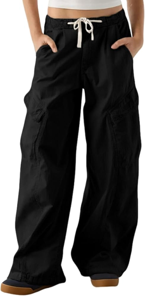 Women's Barrel Leg Cargo Pants Drawstring Elastic Waist Baggy Jeans with Pockets | Amazon (US)