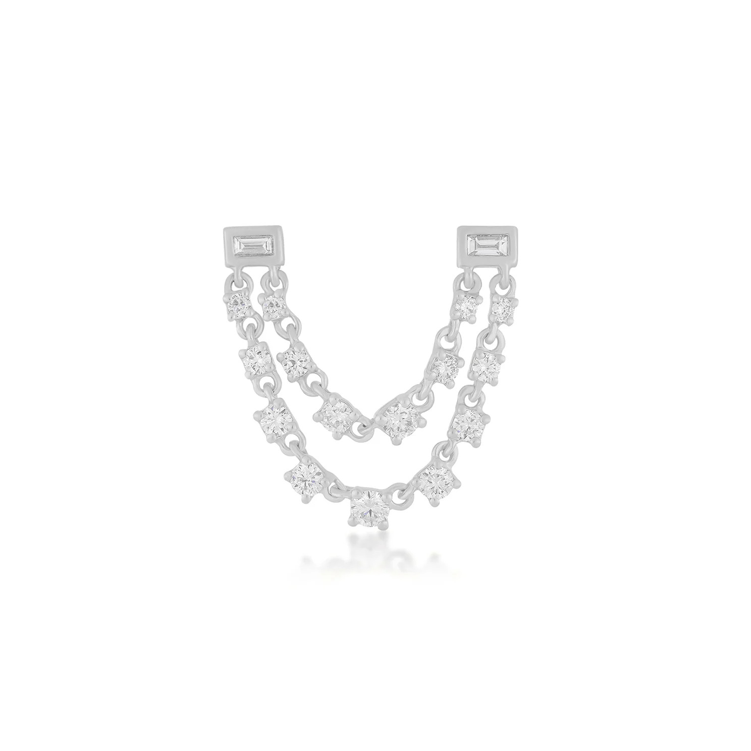 Baguette Double Diamond Chain Stud Earring14k White Gold / Single | EF Collection