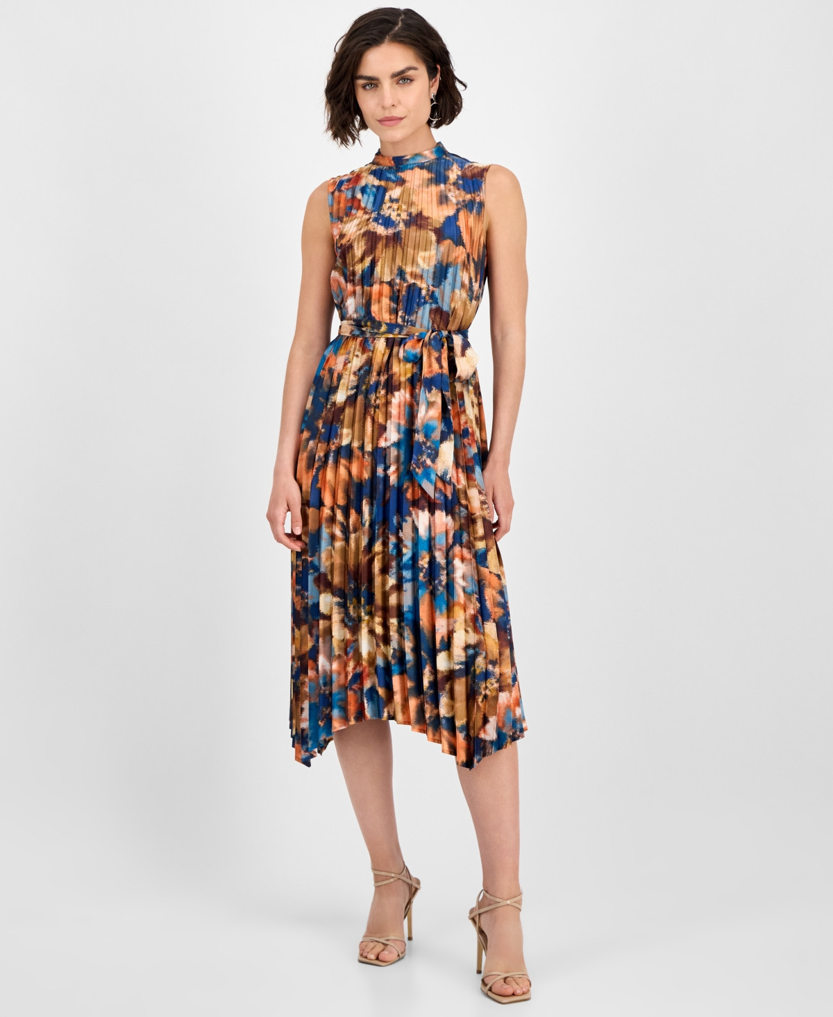 Tahari Asl Women's Printed Pleated Sleeveless Midi Dress - Rust Teal | Macy's