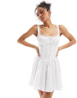 Miss Selfridge poplin lace trim corset mini dress in white | ASOS (Global)