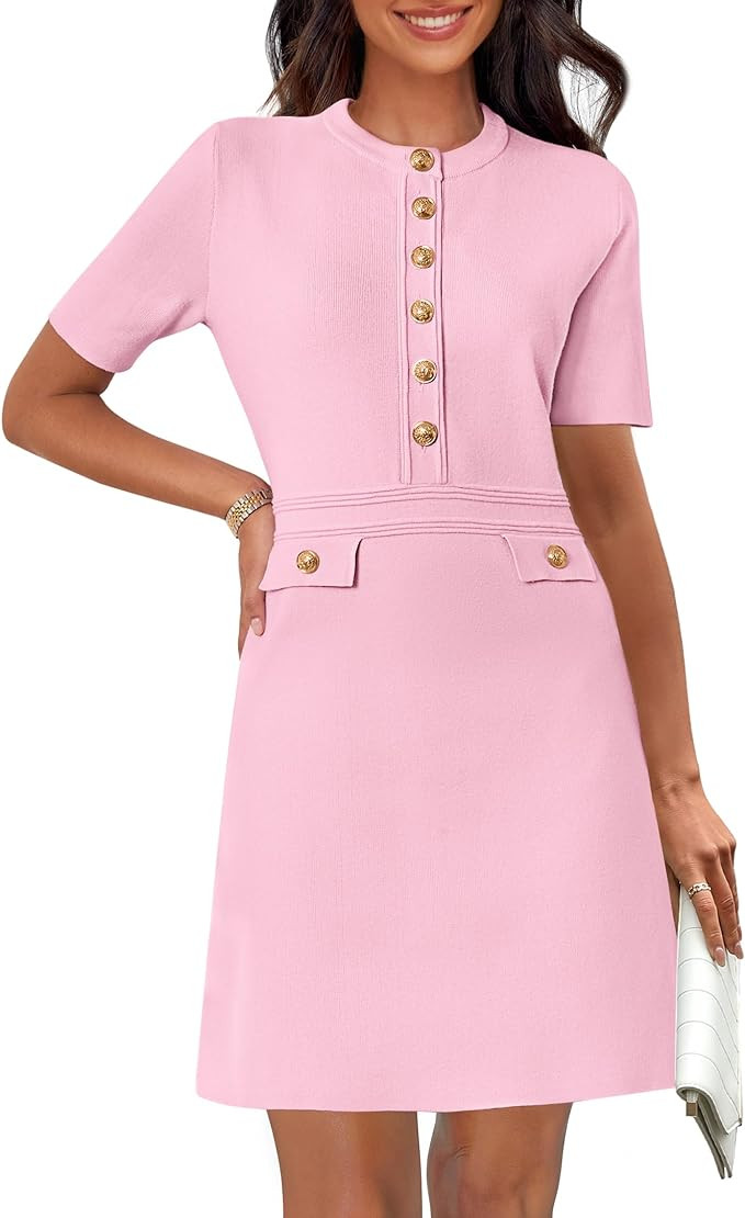 MEROKEETY Women's Knit Bodycon Sweater Dress Button Business Work Short Sleeve Formal Elegant Min... | Amazon (US)