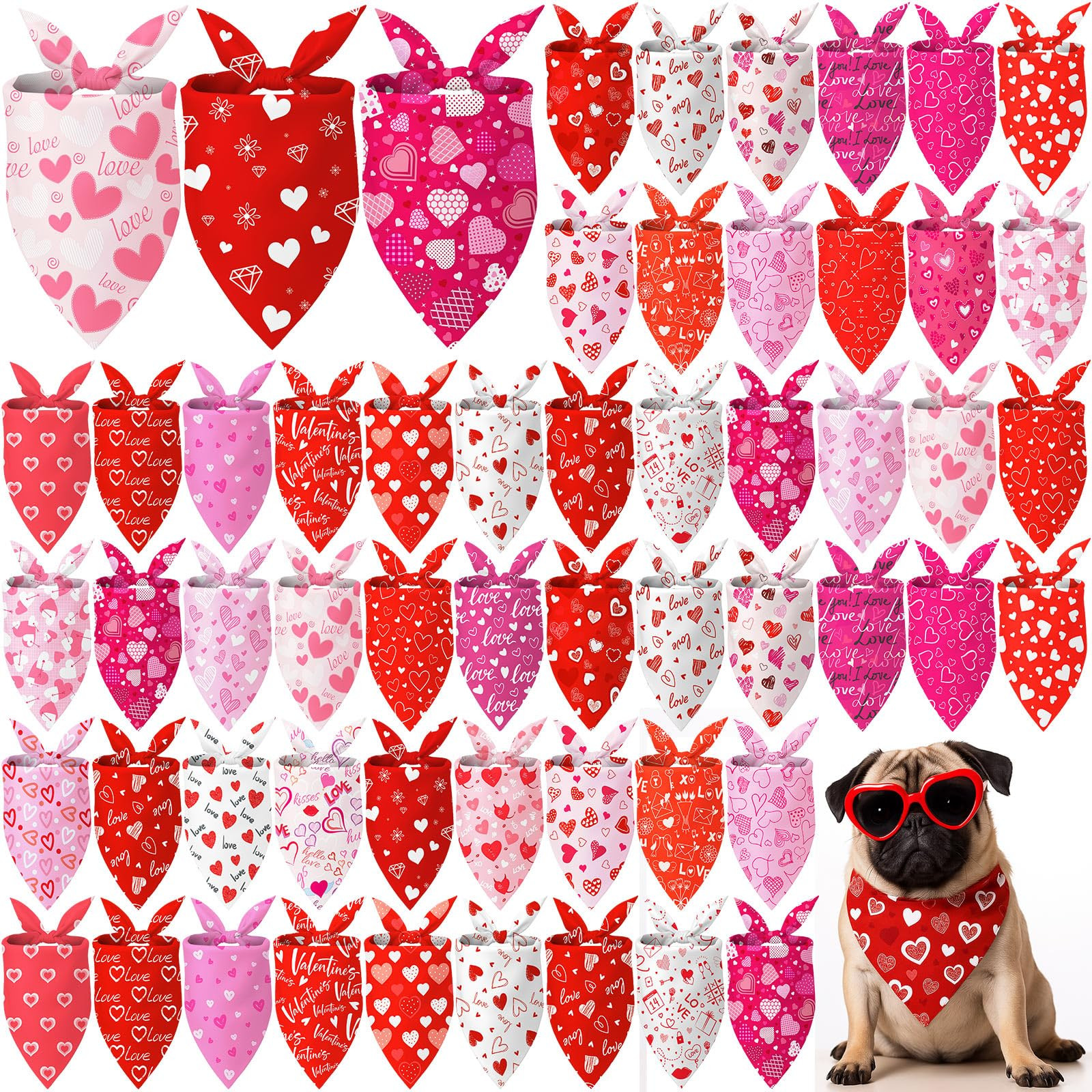 Chunful 60 Pcs Valentine's Day Dog Bandanas Bulk for Dogs Soft Bibs Adjustable Triangle Red Pink ... | Amazon (US)
