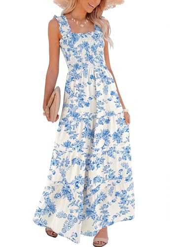 Caracilia Womens Summer Maxi Dresses Floral Smocked Sleeveless Ruffle Boho Casual Flowy Aline Bea... | Amazon (US)