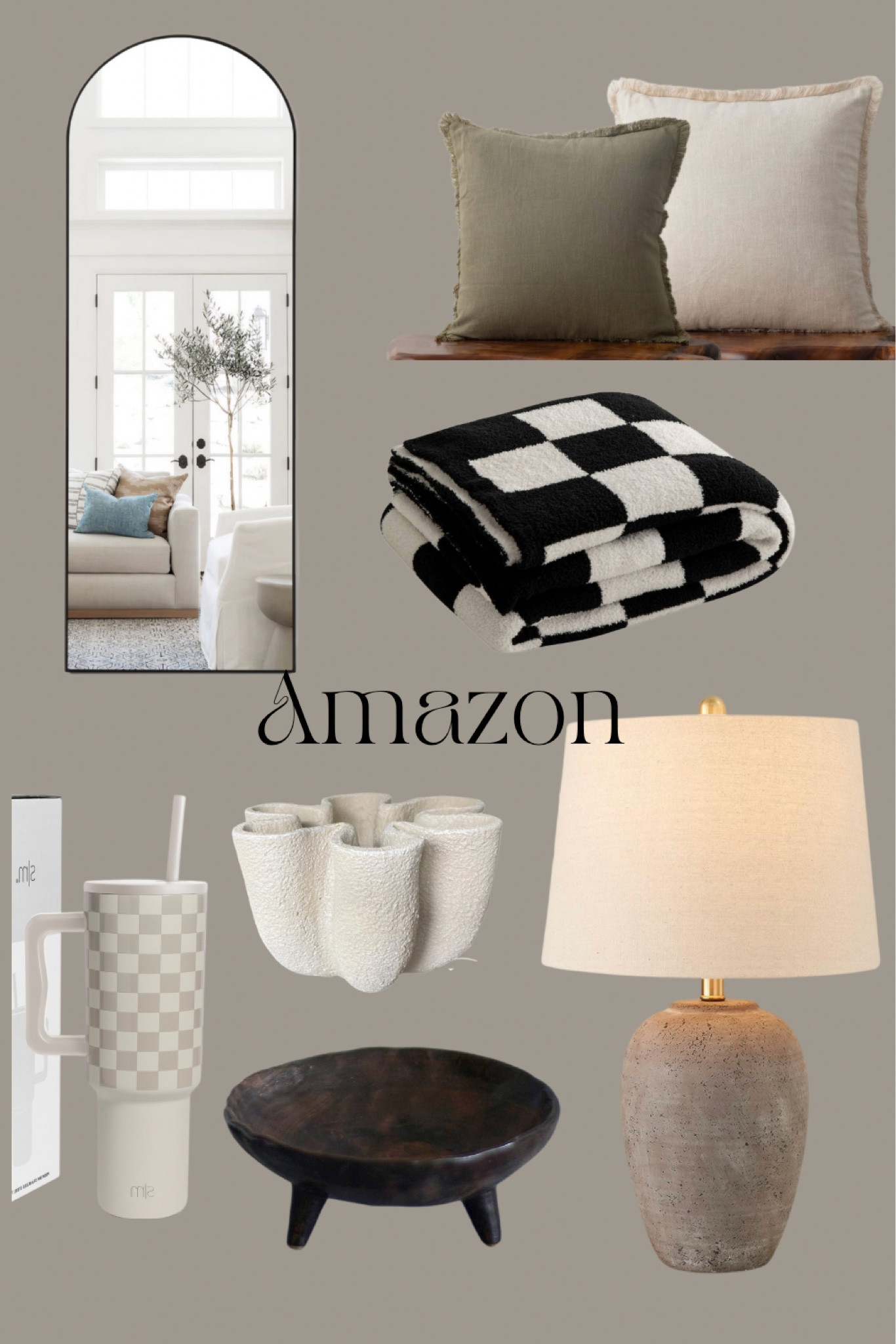 Aesthetic amazon finds, checkered water mug, tall black arched mirror, fall throw pillows, stone table lamp, modern organic vase, checkered throw

#LTKstyletip #LTKFind #LTKhome