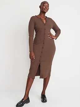 Fitted Rib-Knit Midi Button-Front Dress for Women | Old Navy (US)