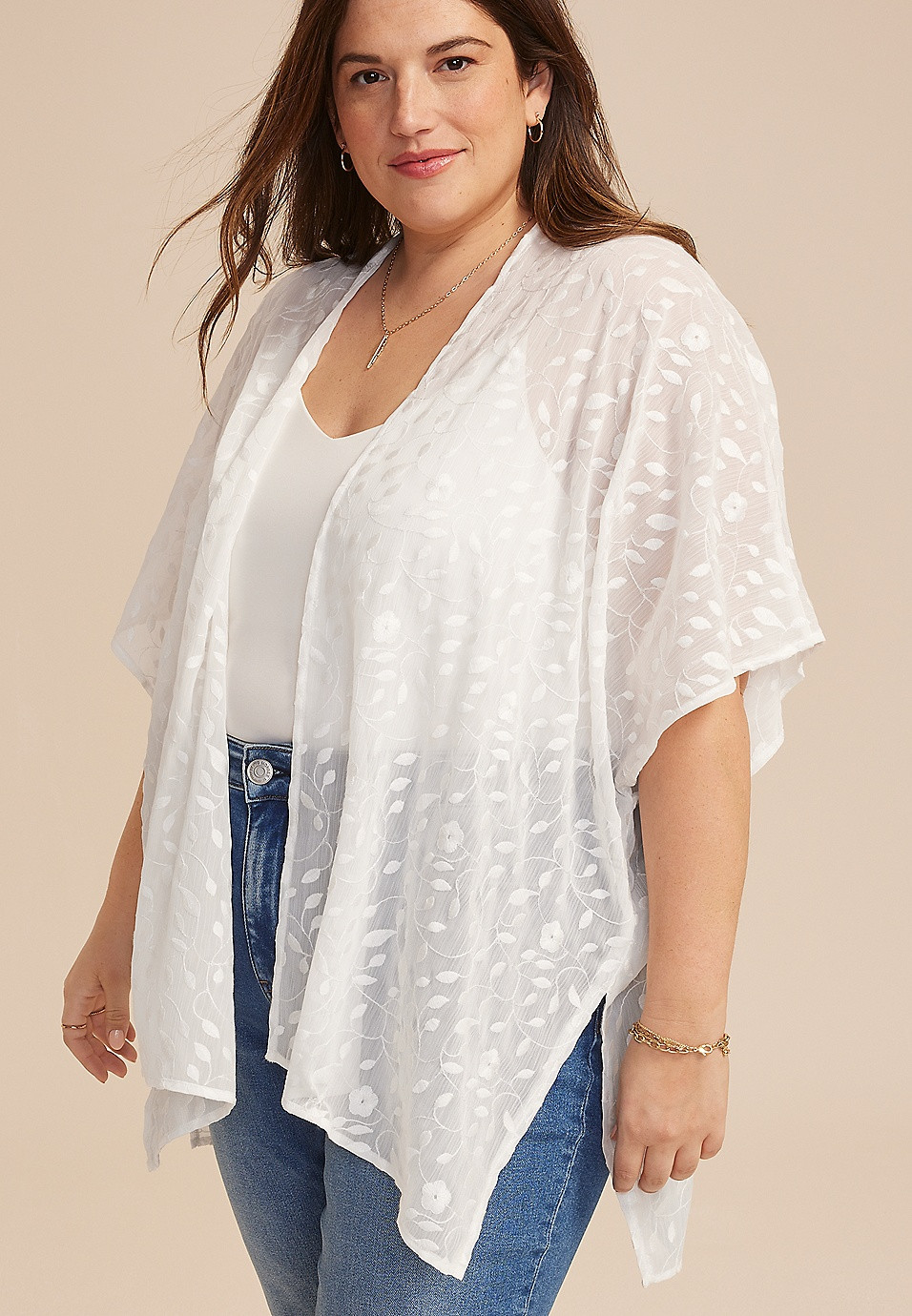 Embroidered Floral Sheer Open Front Kimono | Maurices