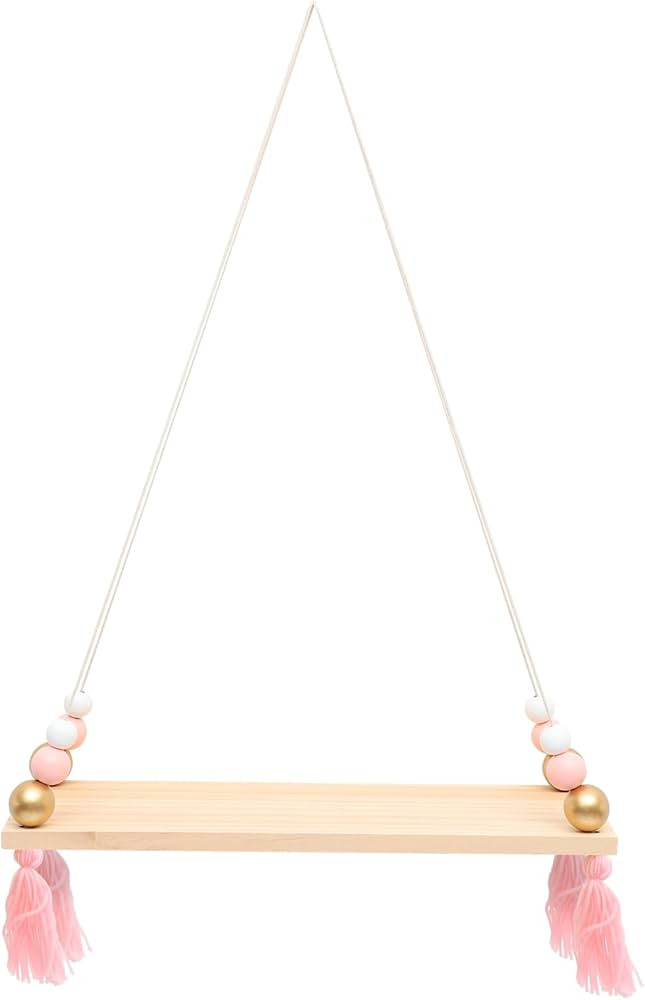 Rope Hanging Floating Shelves Wood Beads Wall Shelf Boho Storage Rack Decorative Display Ledge Sh... | Amazon (US)