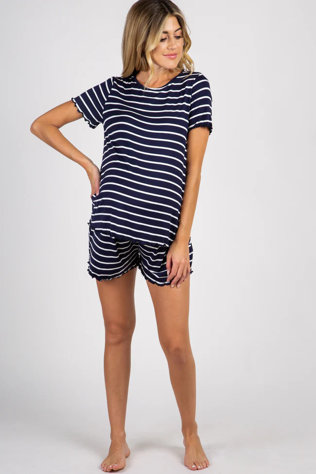 Navy Blue Striped Ruffle Trim Maternity Pajama Set | PinkBlush Maternity