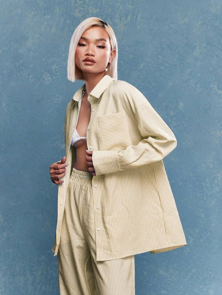 MISSGUIDED Texture Ribbed Oversized Shirt With Pockets | SHEIN