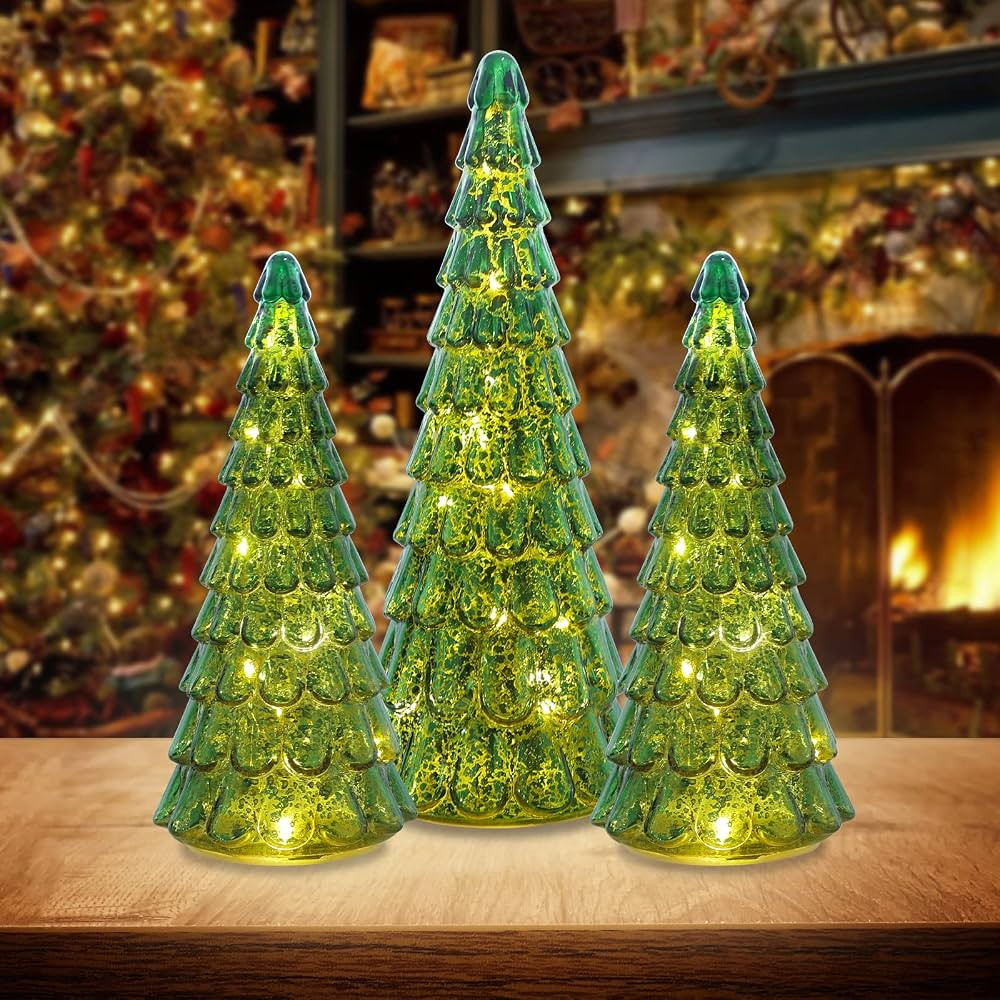 PHITRIC Christmas Decorations Indoor, 3 pcs Sparkling Glass Christmas Tree with LED Lights and Ti... | Amazon (US)