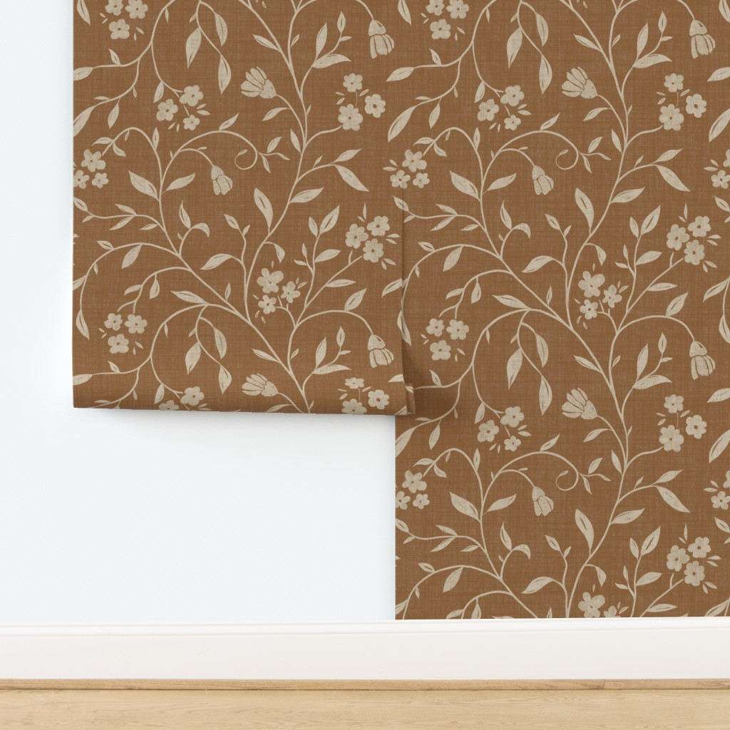 Cottage Brown Trailing Floral with Linen Texture Wallpaper | Spoonflower | Spoonflower