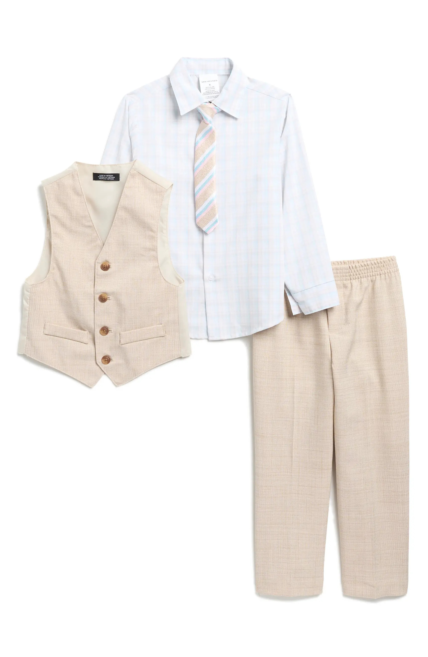 VAN HEUSEN Kids' Plaid Button-Up Shirt, Slub Texture Pants, Vest & Tie Set | Nordstromrack | Nordstrom Rack