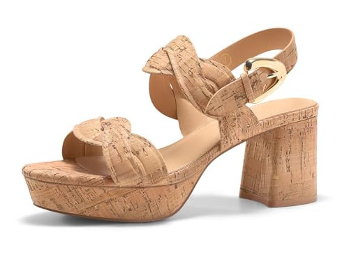 Coutgo Womens Platform Chunky Heels Sandals Cork Open Toe Ankle Strap Summer Dressy Beach Shoes, Cork Khaki, size 7.5 | Amazon (US)