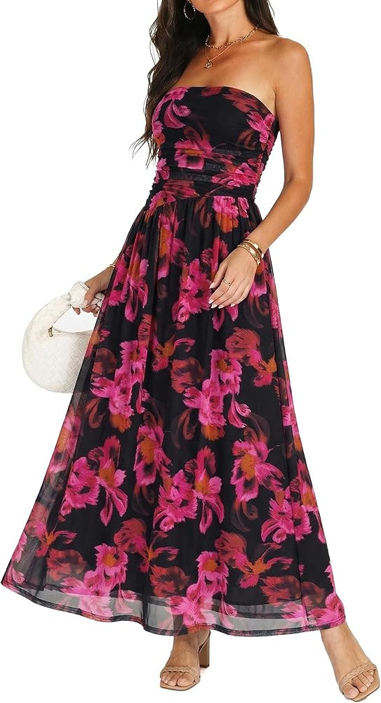 Summer Floral Wedding Guest Maxi Dress for Women Strapless Tube Long Dresses Mesh Flowy Vacation ... | Amazon (US)