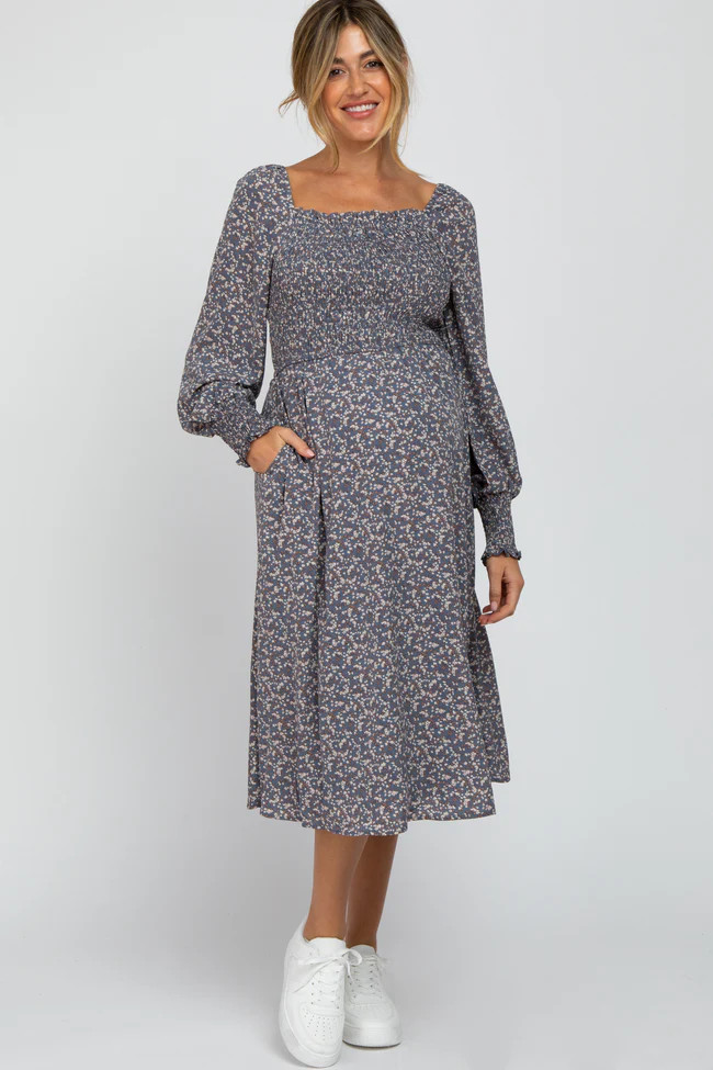 Blue Floral Smocked Maternity Midi Dress | PinkBlush Maternity