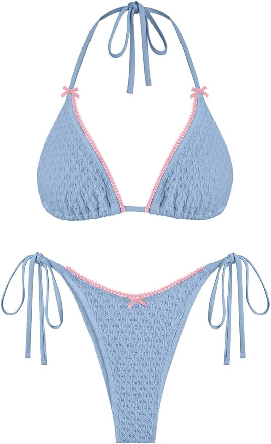 ZAFUL Bikini Sets for Women Halter Two Piece Swimsuit Eyelet Triangle Tie Side Thong Bathing Suit... | Amazon (US)