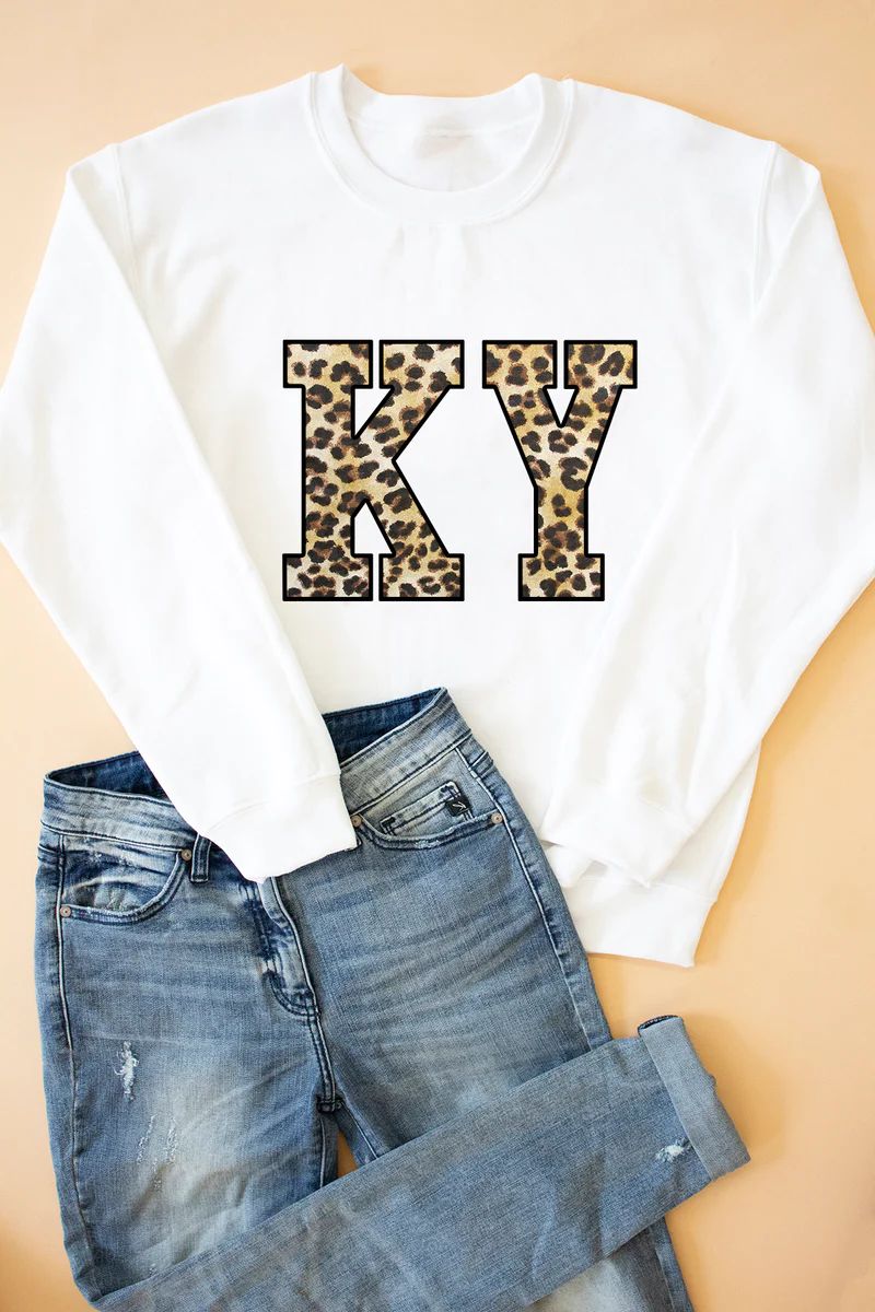 Leopard Print State Letters White Applique Sweatshirt | The Pink Lily Boutique