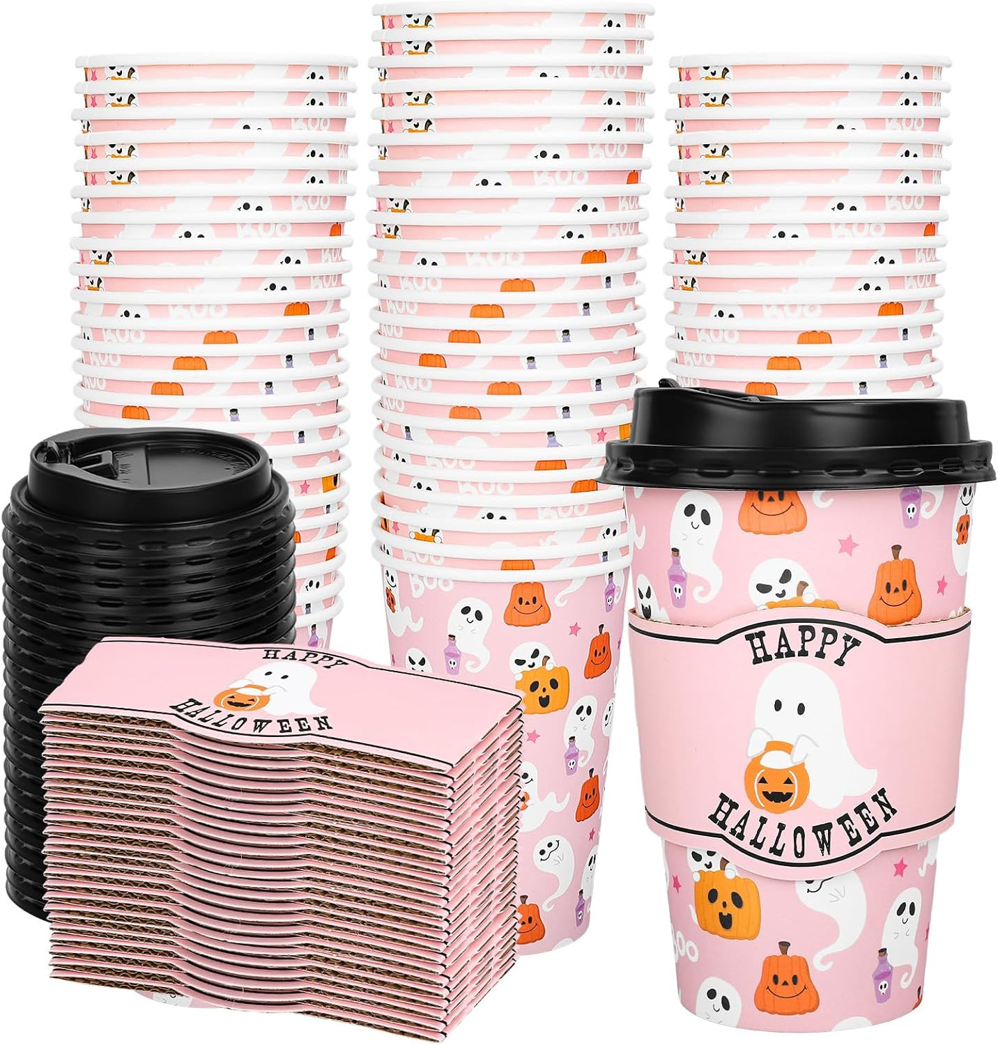Whaline 50Pcs 16Oz Halloween Disposable Coffee Cups with Lids and Sleeves Pink Ghost Boo Pumpkin Paper Drinking Cup for Trick or Treat Birthday Party Supplies | Amazon (US)