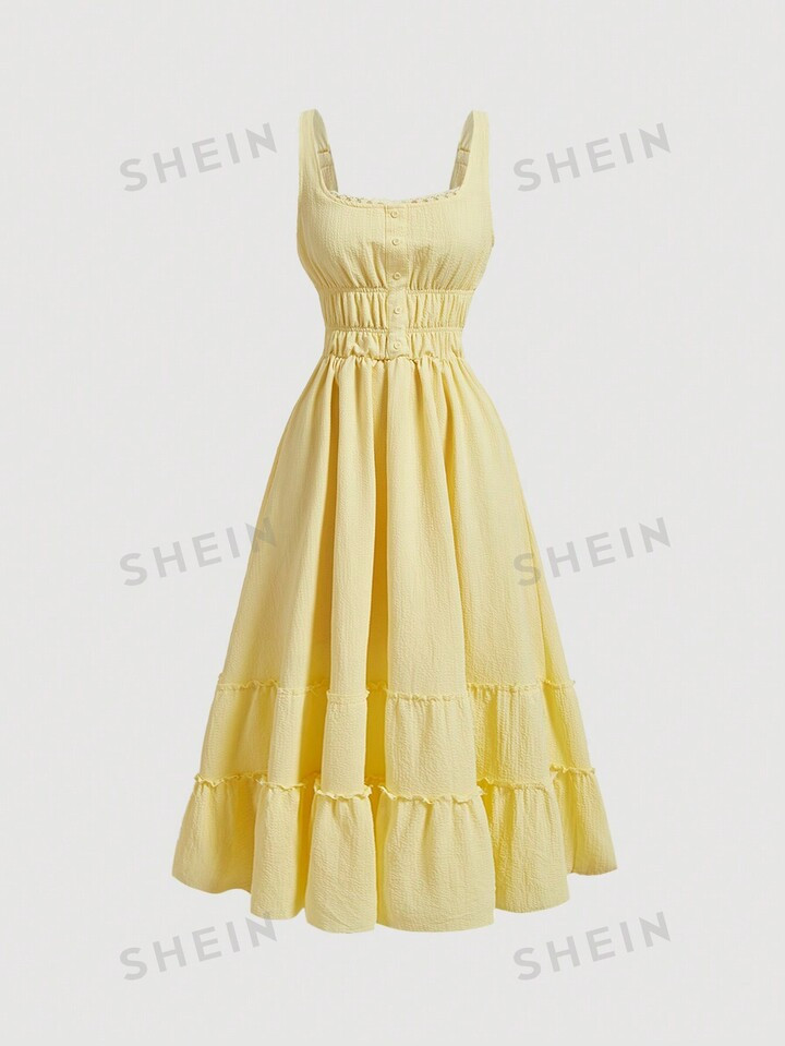 SHEIN MOD Women Summer Plain Color Waist Pleats Button Decoration Asymmetrical Ruffle Hem Long Sl... | SHEIN