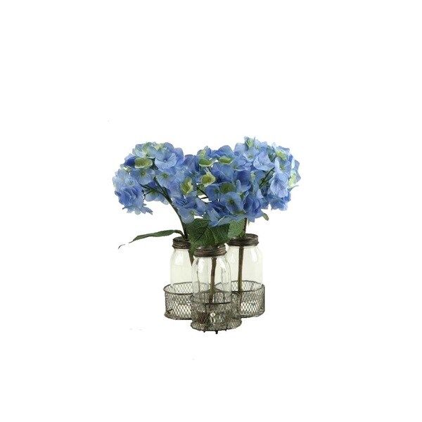 D&W Silks Blue Hydrangeas in Glass Milk Bottles in Metal Holder | Bed Bath & Beyond