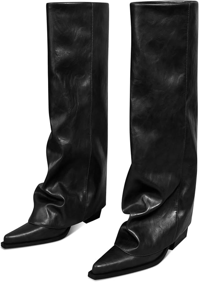 Women's Fold Over Knee High Boots Wide Calf Chunky Heel Long Boots Women Pointed Toe Dress Tall B... | Amazon (US)