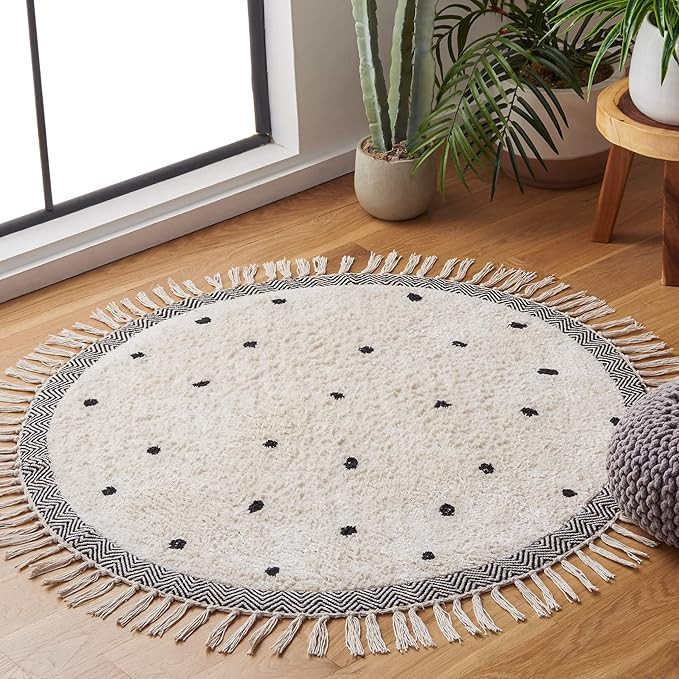 SAFAVIEH Easy Care Collection Area Rug - 3' Round, Ivory & Black, Handmade Polka Dot Tassel, Mach... | Amazon (US)