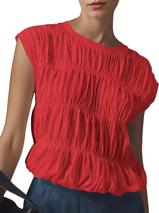 MISSACTIVER Women's Cute Tiered Shirred Bubble Top Solid Casual Crew Neck Cap Sleeve Tank Top Bab... | Amazon (US)