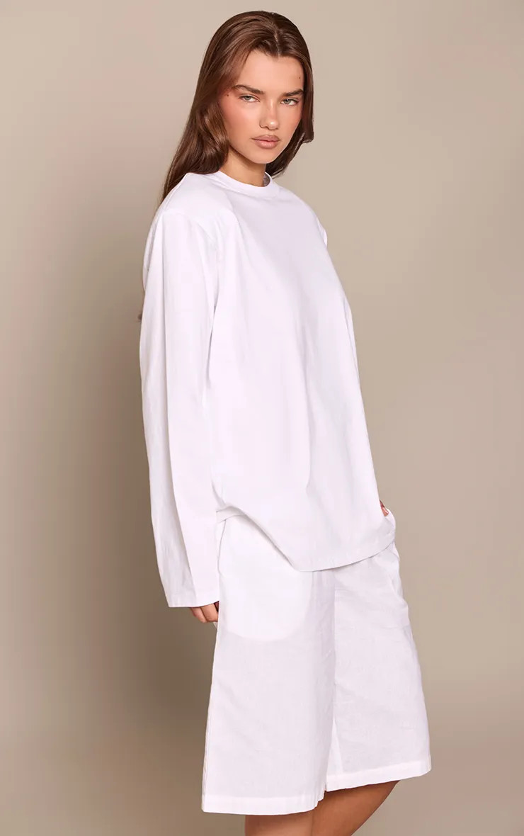 White Cotton Shoulder Pad Long Sleeve Oversized T-Shirt | PrettyLittleThing UK
