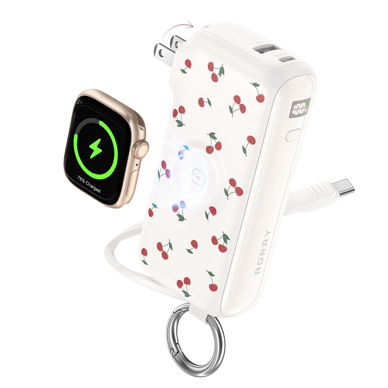 RORRY Flow Portable Charger, 10000mAh 40W Fast Charging Power Bank with Built-in USB C Cable and Foldable Wall Plug, Battery Pack Travel Essentials for iPhone 17/16/15, Apple Watch, iPad, MacBook | Amazon (US)