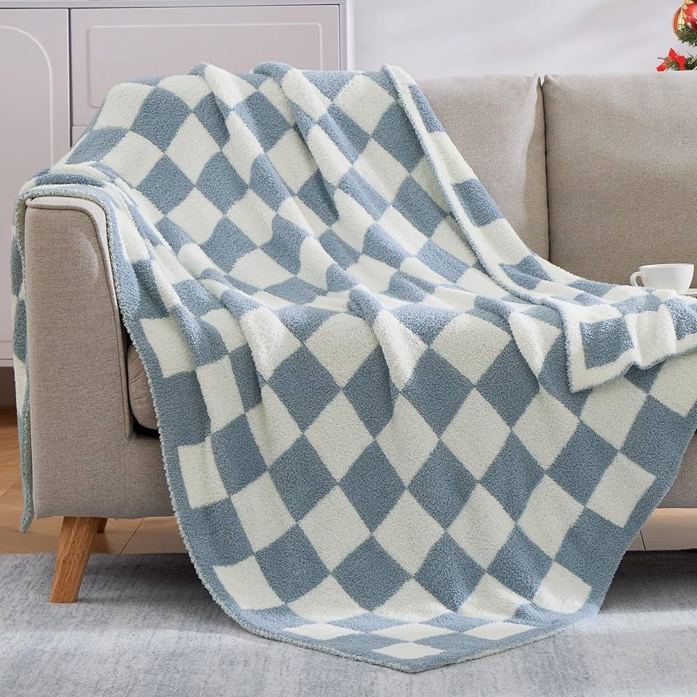 WRENSONGE Checkered Throw Blanket, Grey Blue Microfiber Soft Cozy Fluffy Warm Hand Made Throw Bla... | Amazon (US)