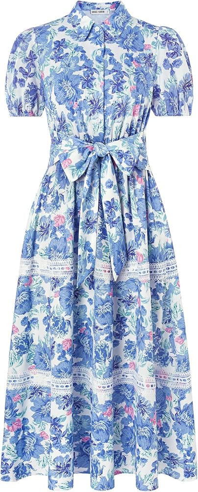 GRACE KARIN Women's 2026 Summer Floral Flowy Dresses Boho Tie Belt Short Puff Sleeve A Line Maxi ... | Amazon (US)