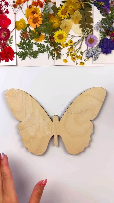 Butterfly craft 
Supplies:
Wooden butterfly (mine was 8”)
Dried/pressed flowers
Mod Podge
Sealant or Resin