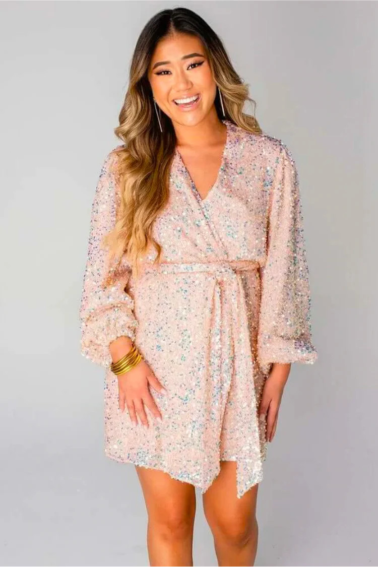 Adeline Pink Sequin Wrap Dress | Confête
