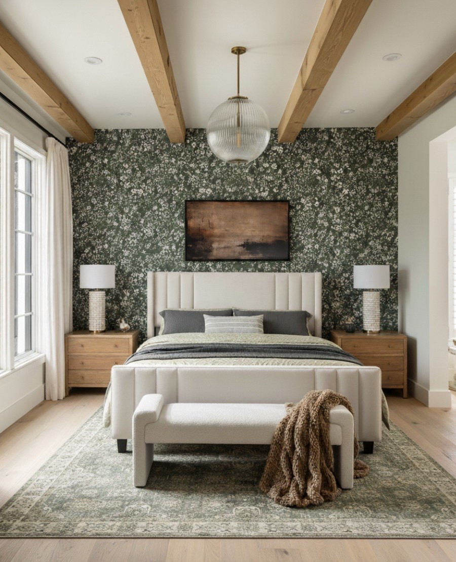 A sophisticated take on cozy design — this modern organic bedroom blends warm textures with deep tones. The green floral accent wall adds depth and contrast behind a channel-tufted upholstered bed in soft cream, framed by oak wood nightstands and glass tube brass table lamps for balanced symmetry. A vintage-style green area rug grounds the room, while a ribbed glass pendant light and wood ceiling beams tie in natural warmth. Layered neutral bedding and a chunky knit throw complete this refined yet inviting retreat.

Shop the look:
Channel tufted bed | Oak nightstands | Glass tube brass table lamps | Ribbed glass pendant | Green floral wallpaper | Vintage green rug | Neutral bedding | Bouclé bench | Chunky knit throw | Modern organic bedroom decor 

#LTKFindsUnder100 #LTKSaleAlert #LTKHome