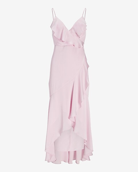 Satin Pin Dot Ruffle Wrap Hi-Lo Maxi Dress | Express