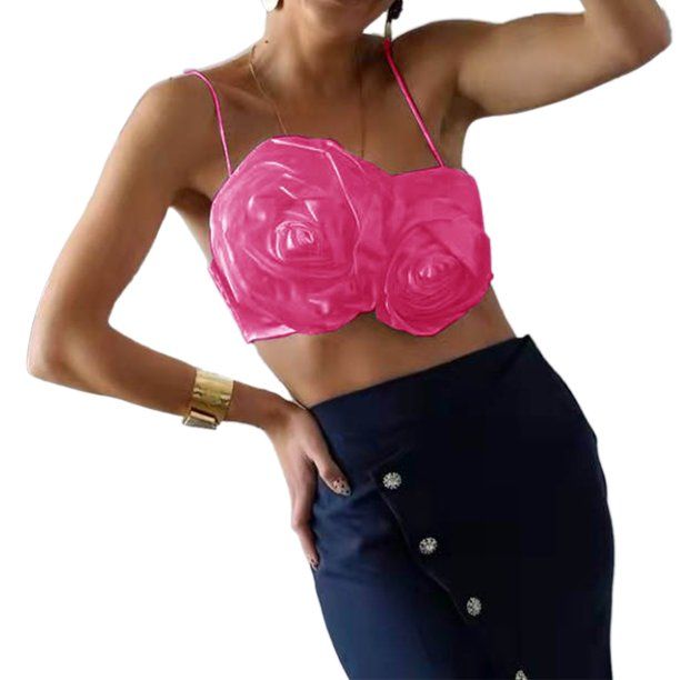 Gogosir Women Crop Top Red Floral 3d Design Rose Flower Vest Backless Summer Elegant Tank Tops Se... | Walmart (US)